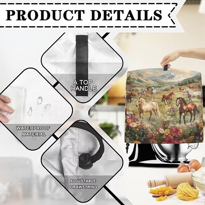 Horse Print Stand Mixer Cover with 2 Pocket and Handle Kitchen Appliance Coffee Maker Toaster Dust Covers