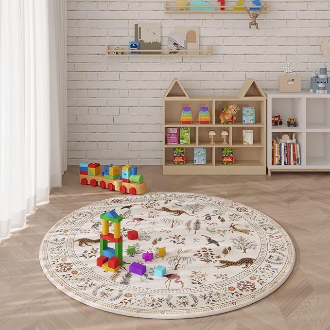 Rugcomf Round Rug 6ft Washable Circle Rug Non Slip Low Pile Boho Floral Animal Small Circular Rug for Bedroom, Bathroom, Entryway, Kids Room, Office, College Dorm (Beige)