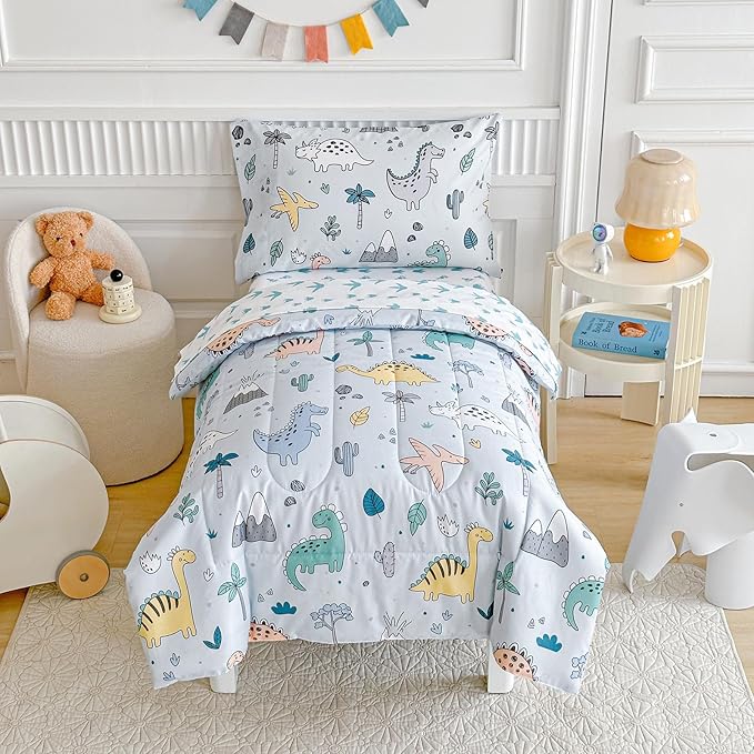 Joyreap 4 Piece Toddler Bedding Set, Cute Dinosaur on Light Blue, Ultra Soft Microfiber Toddler Comforter for Kids Boys Girls, Includes Quilted Comforter, Fitted Sheet, Top Sheet, and Pillow Case