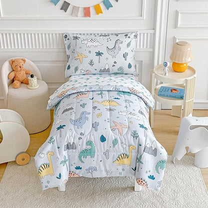 Joyreap 4 Piece Toddler Bedding Set, Cute Dinosaur on Light Blue, Ultra Soft Microfiber Toddler Comforter for Kids Boys Girls, Includes Quilted Comforter, Fitted Sheet, Top Sheet, and Pillow Case
