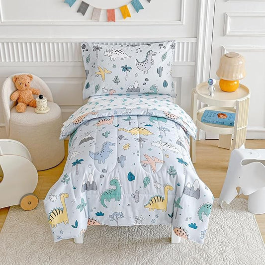 Joyreap 4 Piece Toddler Bedding Set, Cute Dinosaur on Light Blue, Ultra Soft Microfiber Toddler Comforter for Kids Boys Girls, Includes Quilted Comforter, Fitted Sheet, Top Sheet, and Pillow Case