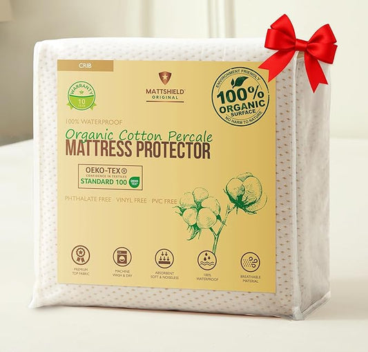 Crib Organic Cotton Percale Mattress Pad Protector – OCS Blended & Oeko-TEX Certified – Waterproof Breathable – Naturally Cool – Soft Natural Comfort