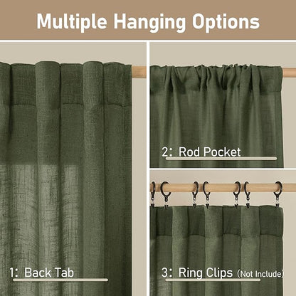 LAMIT Olive Green Linen Window Curtains 30 Inches Long 2 Panels, Semi Sheer Light Filtering Panels Back Tab and Rod Pocket Christmas Drapes for Basement/Small Windows, 34 x 30 Inch