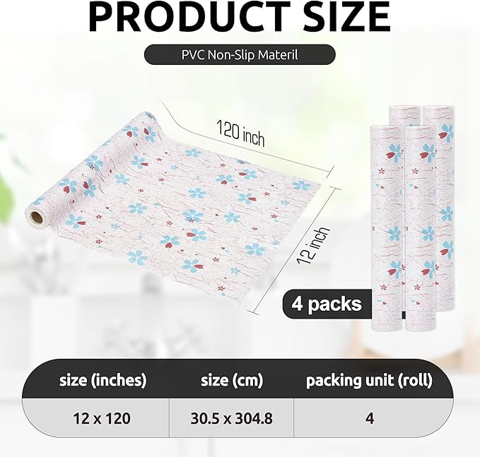 RAY STAR 12X120 Inch Shelf Liner for Kitchen Cabinets, Non-Adhesive Cabinet Liner Washable, PVC Drawer Liner for Dresser Non-Slip Bathroom (Blue-Floral)(4 Roll)