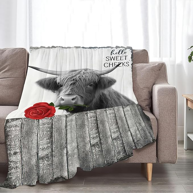 Funny Highland Cow Throw Blanket - Farm Cow Gifts & Decor, Soft Warm Cozy Fleece Blanket for Couch, Sofa, Bed - 60"x50"