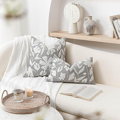 BlissBlush Grey Velvet Floral Decorative Throw Pillow Cover 20X20, Light Gray Floral Tufted Soft Farmhouse Textured Pillowcase, Accent Pillowcase for Couch Sofa Bed Living Room