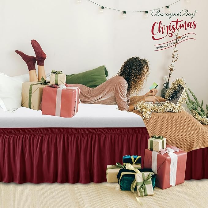Biscaynebay Wrap Around Bed Skirts for Full & Full XL Beds Short Drop of 12", Burgundy Adjustable Elastic Dust Ruffles Easy Fit Wrinkle Resistant Silky Luxurious Fabric Machine Washable