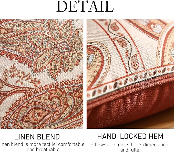 ISAENNE Design Linen Classic Vintage Throw Pillow Covers 12"x20" Pack of 2, Rectangle Cushion Covers with Orange Yellow Paisley Style Pattern Decor Pillowcases for Bed,Living Room,Outdoor,Car