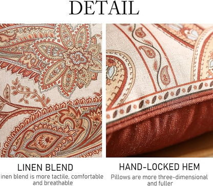 ISAENNE Design Linen Classic Vintage Throw Pillow Covers 18"x18" Pack of 2, Square Cushion Covers with Orange Yellow Paisley Style Pattern Decoration Pillowcases for Bed,Living Room,Outdoor,Car