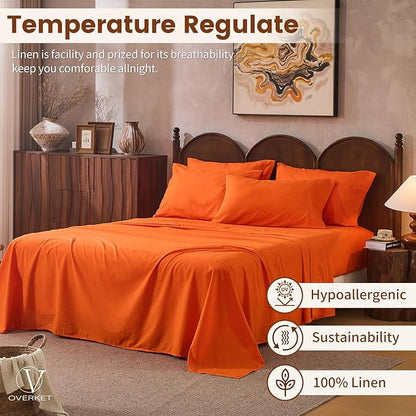 100% Linen Sheets California King Size,Breathable & Durable 4-Piece Bed Flax Sheet Set,Soft All-Season Bedding for Hot Sleepers 16" Deep Pocket Oeko-TEX Certified,（Cal King, Orange）