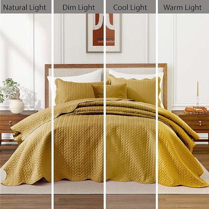 IR Imperial Rooms California King Quilt Bedding Set Size (118"x106") + 2 Pillow Shams (20" x 36"+ 2") - 3 Pcs All Season Reversible Microfiber Coverlet Embossed Quilt Bedspread (Ochre)