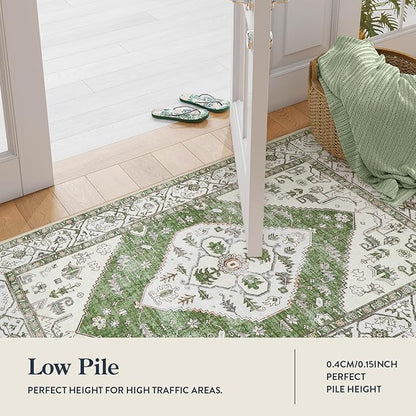 Lahome Boho Green Machine Washable Living Room Rugs - 3x5 Area Rugs for Bedroom Non-Slip Ultra-Thin Entryway Rug, Vintage Print Throw Indoor Carpet Rug for Office Kitchen (Green, 3'x5')