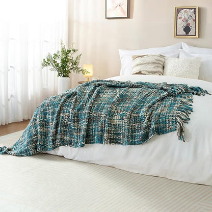 Multi-Color Teal Cable Knitted Throw Blanket for Couch,50"X60" Boho Style Textured Blankets for Home Decor,Super Soft Warm Cozy Chunky Knit Blanket with Decorative Tassels for Bed and Sofa