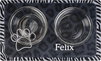 Drymate Personalized Pet Bowl Placemat, Custom Dog & Cat Food Feeding Mat - Absorbent Fabric, Waterproof Backing - Machine Washable/Durable (USA Made) (12" x 20") (Leopard Black)