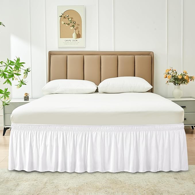 Biscaynebay Wrap Around Bed Skirts for Queen Beds with Short Drop of 12", White Adjustable Elastic Dust Ruffles Easy Fit Wrinkle Resistant Silky Luxurious Fabric Machine Washable