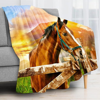 3D Horse Throw Blanket for Couch, Super Soft Fuzzy Throws Warm Comfortable Plush Fleece Blanket, Fashion Decorative Flannel Fleece Blanket for All Season(50 x 60 in, Horse & Pasture)