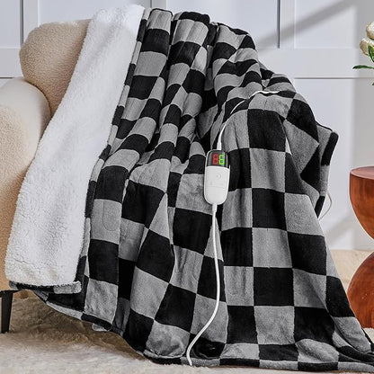 Heated Electric Blanketc Throw, 50X60 Heating Blanket with 10 Heat Level & 8 Hours Auto Off for Lap, Black Gray Checkered Plaid Soft Sherpa Blankets Warmer Gifts for Couch Grandma Women Adults