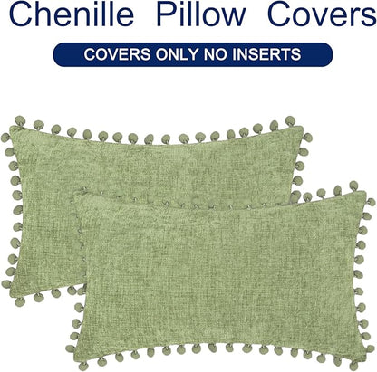 CaliTime Throw Pillow Covers Decorative 20 X 12 Inches Pack of 2 Cozy Solid Dyed Soft Chenille Cushion Cases with Pom Poms for Couch Sofa Bed Living Room Home Sage