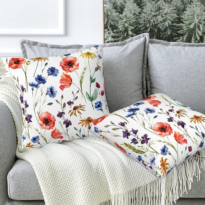 Wildflowers Throw Pillow Covers Set of 2 Watercolor Poppy Pillow Covers 16x16 Inch Modern Farmhouse Home Decorative Pillow Cases Cushion Cover for Sofa Living Room Office