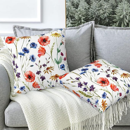Wildflowers Throw Pillow Covers Set of 2 Watercolor Poppy Pillow Covers 18x18 Inch Modern Farmhouse Home Decorative Pillow Cases Cushion Cover for Sofa Living Room Office
