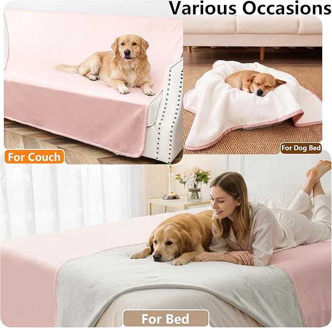 Waterproof Blanket for Bed King Size, Leak Proof Dog Couch Blankets Reversible, Pet Throw Sofa Furniture Protector Machine Washable-82 x108,Pink+Cream