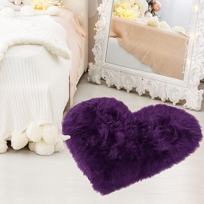 uxcell Heart Shaped Rugs for Bedroom,Small Aesthetic Carpet Girls,Cute Shaggy Floor Mirror Mat,Pastel Furry Throw Rug 2.3ftx3ft, Purple