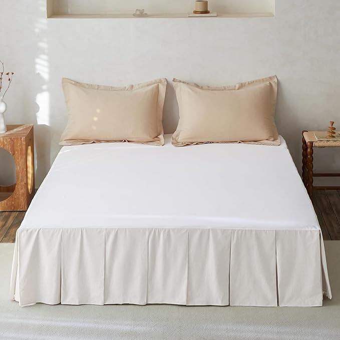 BISELINA French Linen Pleated Bed Skirt, 14" Tailored Draped Natural Linen-Cotton Blend Basic Dust Border Soft Comfort Farmhouse Bedding (14" Queen, White)