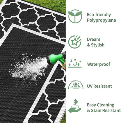 GENIMO 8 ' x 10 ' Outdoor Rug for Patio Clearance, Waterproof Indoor Outdoor Plastic Straw Rugs Carpet, Reversible Outside Area Rv Mat for Camping, Balcony Porch, Deck, Picnic, Beach (Black & White)