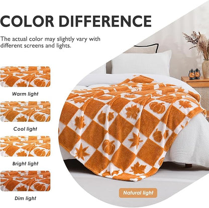 SOCHOW Fall Decor Jacquard Throw Blanket, Fuzzy Soft Warm Pumpkin Maple Leaves Plaid Autumn Checkered Blanket for Couch, Sofa and Bed, 50 x 60 Inches, Orange/White