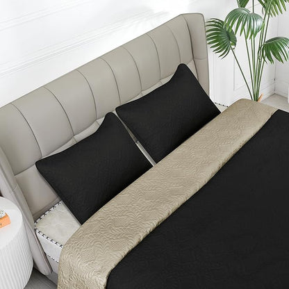 Easy-Going King Size Reversible Quilt Set with 1 Quilt and 2 Pillow Shams, Soft Bed Quilt Cover, Water Resistant Lightweight Microfiber Bedspread, Stain Resistant, Olive Leaf-Black/Beige