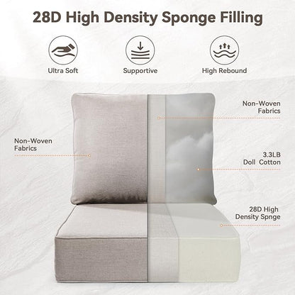Luxury 6" Outdoor Cushions for Patio Furniture, 24x24x6" Thick Seat Cushion Set of 7, Fade Resistant Couch Chair Replacement Cushions High Density Deep Wicker Chair Cushion w/ Removable Cover, Beige