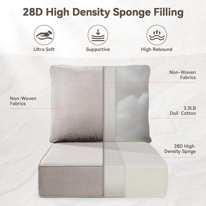 Luxury 6" Outdoor Cushions for Patio Furniture, 24x24x6" Thick Seat Cushion Set of 9, Fade Resistant Couch Chair Replacement Cushions High Density Deep Wicker Chair Cushion w/ Removable Cover, Beige