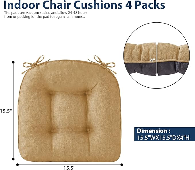 Chair Cushions for Dining Chairs, Seat Cushions for Kitchen Chairs, Indoor Seat Cushions with Ties, Tufted Foam Chair Pads, Non Slip Chair Cushions Set of 6, 15.5" x 15.5" x 4", Khaki