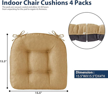 Chair Cushions for Dining Chairs, Seat Cushions for Kitchen Chairs, Indoor Seat Cushions with Ties, Tufted Foam Chair Pads, Non Slip Chair Cushions Set of 6, 15.5" x 15.5" x 4", Khaki