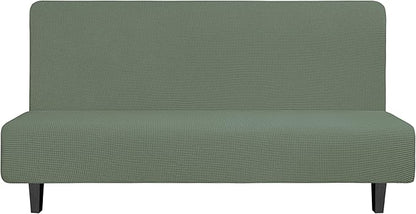 Easy-Going Stretch Futon Slipcover Armless Futon Bed Cover Furniture Protector Without Armrests with Elastic Bottom for Kids, Soft Jacquard Fabric Small Checks (Large, Greyish Green)
