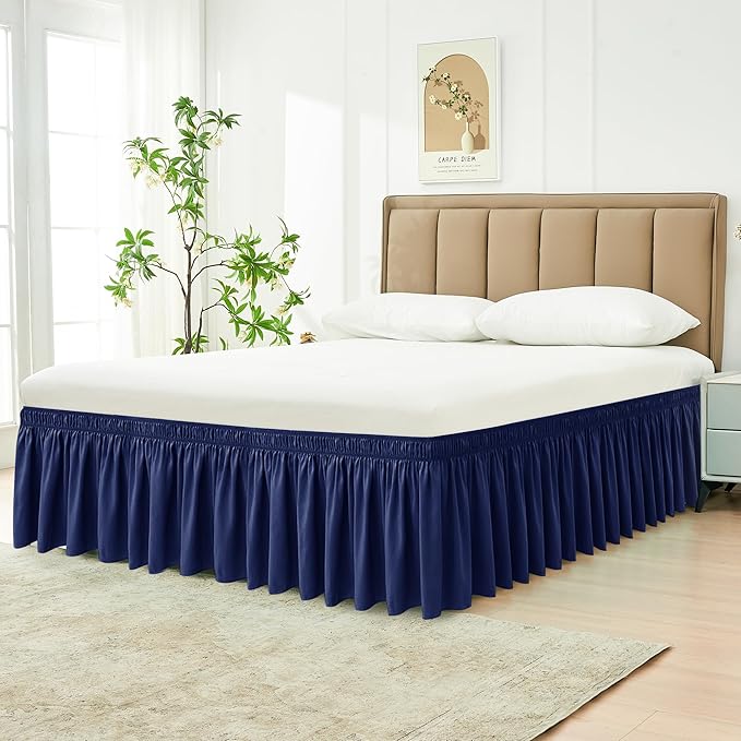 Biscaynebay Wrap Around Bed Skirts for Full & Full XL Beds 22" Long Drop, Navy Adjustable Elastic Dust Ruffles Easy Fit Wrinkle Resistant Silky Luxurious Fabric Machine Washable