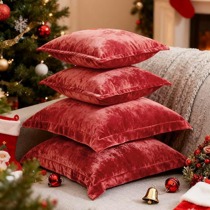 Luxurious Velvet Throw Pillow Covers 20x20 Set of 2 Decorative Pillow Covers Solid Square Cushion Case for Sofa Couch Bedroom Farmhouse, Red