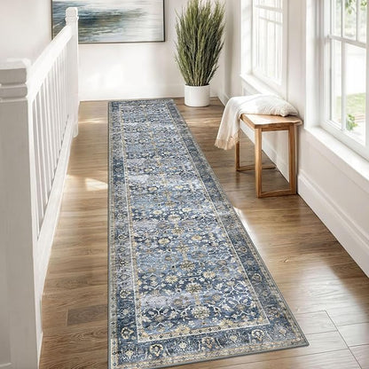 KUTA Vintage Washable Runner Rug, 2x8 Blue Grey Beige Runners for Hallways Non-Slip Kitchen Rugs Ultra Thin Soft Printed Distressed Floral Floor Carpet for Laundry Bedroom Living Room Nursery