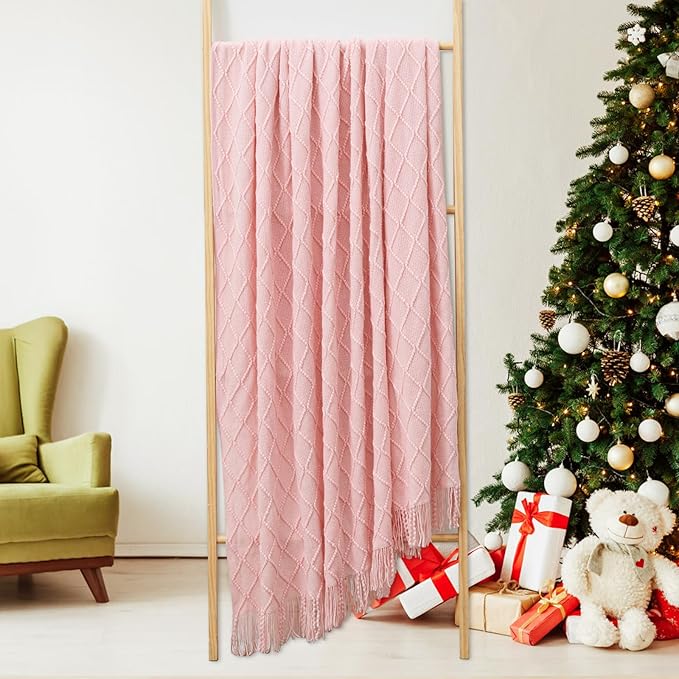 inhand ChristmasThrow Blankets for Couch, Gifts for Women Cozy Home Decor Knit Blanket, Pink Lightweight Decorative Blankets and Throws, Farmhouse Warm Woven Blanket for Men and Women, 60"x80"