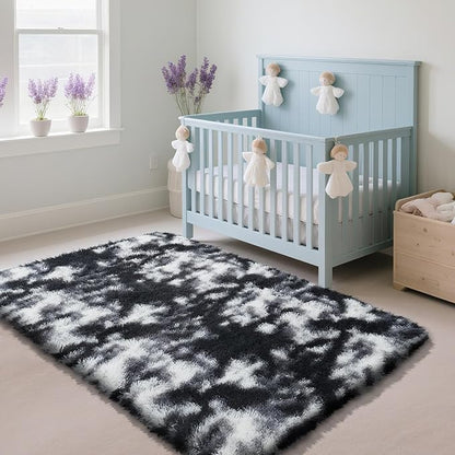Fluffy Rug Shaggy Area Rug, Mottling Black 4x6 Area Rugs for Bedroom, Small Bedside Rug, Soft Fluffy Shaggy Entryway Throw Rugs for Living Room Bedroom Kids Room Home Decor