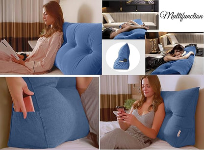 Triangular Reading Bed Rest Pillow Large Bolster Cushion Headboard Backrest Wedge Pillow with Removable Cover and Two Large Side Pockets (Magenta, Twin: 39 x 8 x 20 inches)