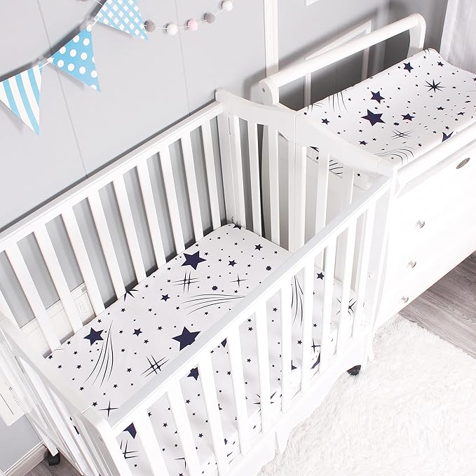 Belsden Pack of 3 Mini Crib Sheet Set, Pack N Play Sheet Set for Baby Boys and Girls, Cloudy Soft Touch and Machine Washable, Fitted Playard/Portable Crib Sheet, White Star & Navy & Navy Star