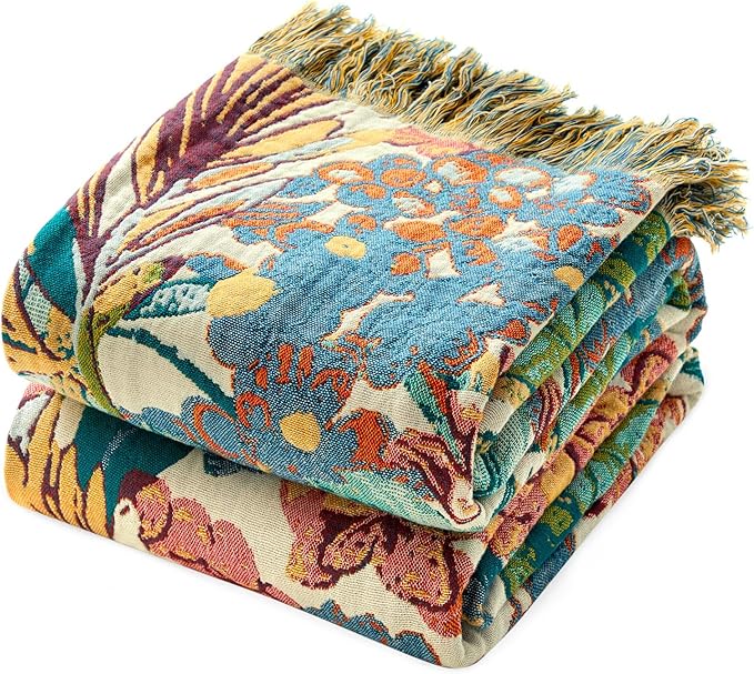 MSGKV Boho Throw Blanket for Couch 50"x60" 100% Cotton Vine Embroidery Blanket Bed Chair Sofa Blankets Muslin Breathable All Seasons Lightweight Farmhouse Blankets Home Decor