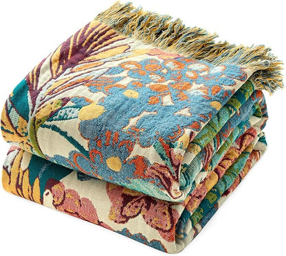 MSGKV Boho Throw Blanket for Couch 50"x60" 100% Cotton Vine Embroidery Blanket Bed Chair Sofa Blankets Muslin Breathable All Seasons Lightweight Farmhouse Blankets Home Decor