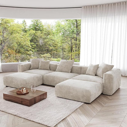 JACH 141" Oversized Modular Sectional Sofa, Deep 3-Seats Sectional Couch with Chaise Ottomans, Huge Plus Convertible Soft Sofas, Corduroy Minimalist Couches for Living Room, Apartment, Beige