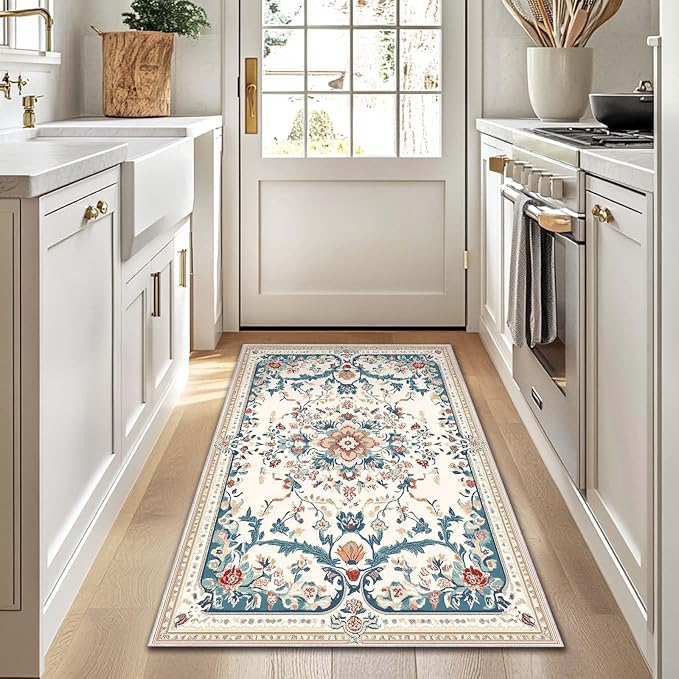 3x5 Boho Entryway Rug Beige Oriental Area Rug Indoor Entrance Non Slip Door Mat Stain Resistant Washable Machine Soft Low Pile Small Carpet Bathroom Kitchen