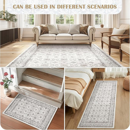jinchan Floral 2x3 Rugs for Entryway - Machine Washable Beige Vintage Distressed Boho Design Soft Faux Wool Small Non-Slip Doormat for Entrance Kitchen Living Room Bedroom Farmhouse (2‘x3', Beige)