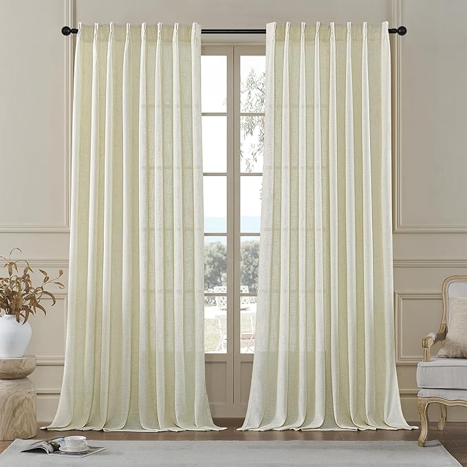 MASWOND Natural Pinch Pleated 96 Inch Curtains 2 Panels for Living Room Semi Sheer Linen Curtains Pinch Pleat Drapes for Bedroom Pinch Pleat Drapes with Hooks 50" Wx96 L