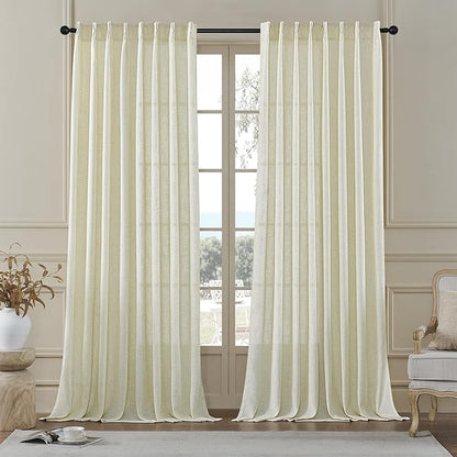 MASWOND Natural Pinch Pleated 96 Inch Curtains 2 Panels for Living Room Semi Sheer Linen Curtains Pinch Pleat Drapes for Bedroom Pinch Pleat Drapes with Hooks 50" Wx96 L