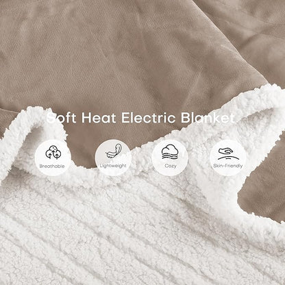 Electric Heated Blanket Twin Size 62"x84" - Dual-Sided with Microplush & Sherpa Fabric, 4 Heat Settings & 10 Hours Auto Off, Machine Washable - Light Brown